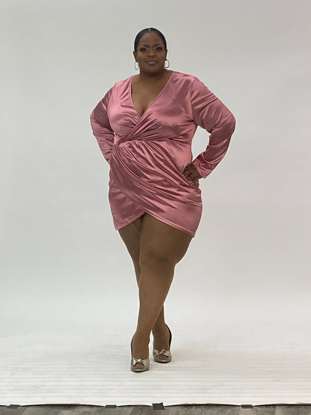 PINK SATIN RUCHED WRAP DRESS