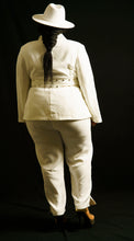 Load image into Gallery viewer, CREAM TWO PIECE PANTSUIT WITH WIDE GOLD STUDDED BELT
