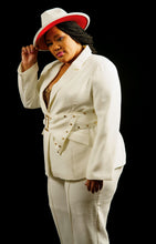Load image into Gallery viewer, CREAM TWO PIECE PANTSUIT WITH WIDE GOLD STUDDED BELT
